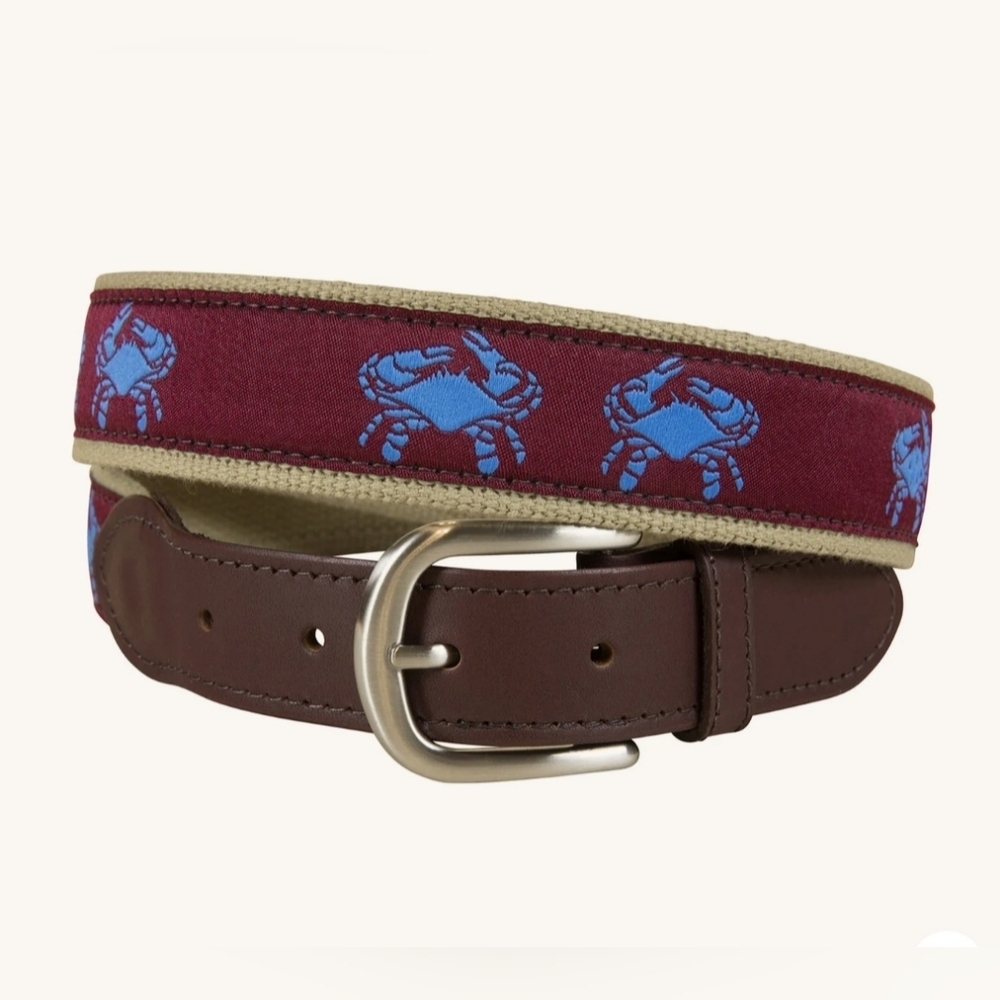 Belted Cow Preppy Men's Brown Leather Belt with Crab Ribbon, Size 30